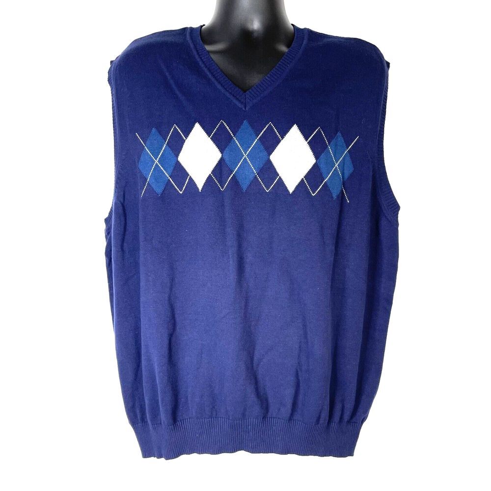 Club Room Sweater Vest Mens XXL Navy Blue Argyle 100% Cotton Golf Preppy Grandpa